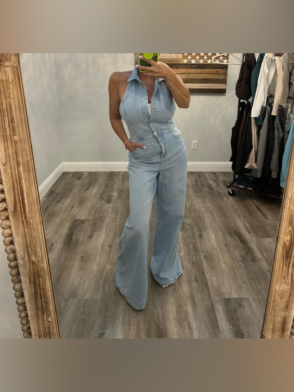 ZARA Light Wash Denim Halter Jumpsuit